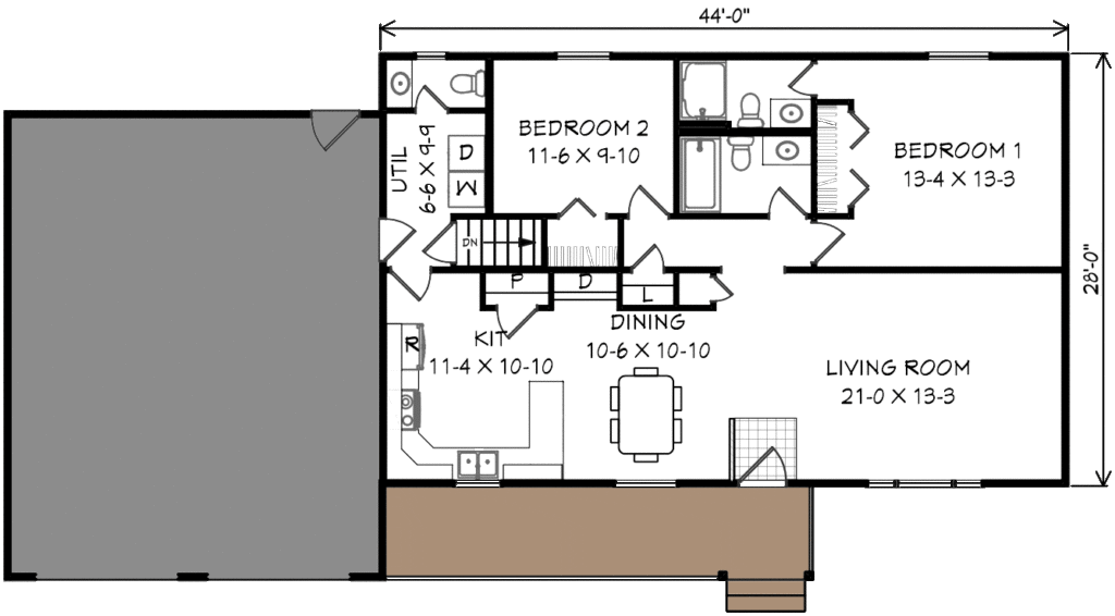 2 bedroom no back entry floor plan